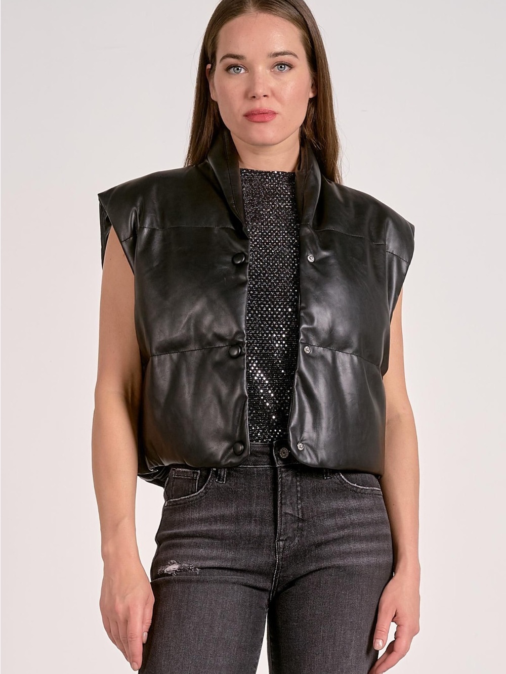 Elan Black Sleeveless Puffer Faux Leather Vest
